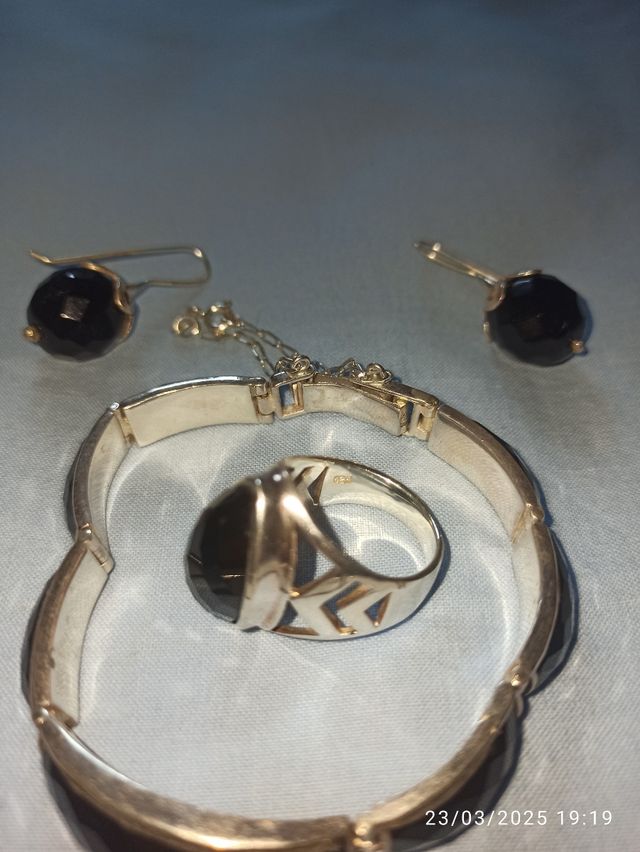 Conjunto de plata pulsera,pendientes y anillo