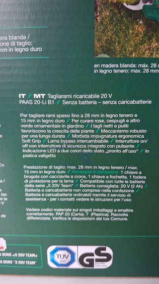 Cesoia tagliarami parkside 20v garanzia 