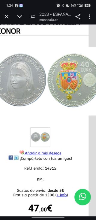 Moneda plata 40 euros