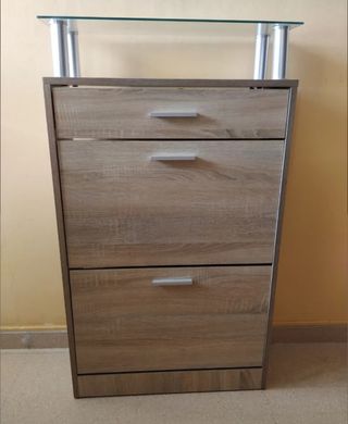 ZAPATERO ROBLE CON MESA CRISTAL y ACERO INOXIDABLE