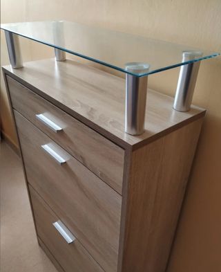 ZAPATERO ROBLE CON MESA CRISTAL y ACERO INOXIDABLE