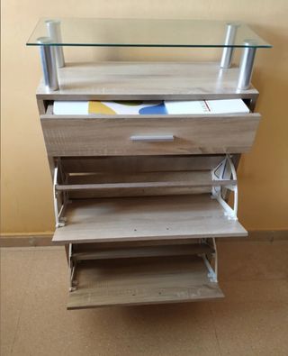 ZAPATERO ROBLE CON MESA CRISTAL y ACERO INOXIDABLE