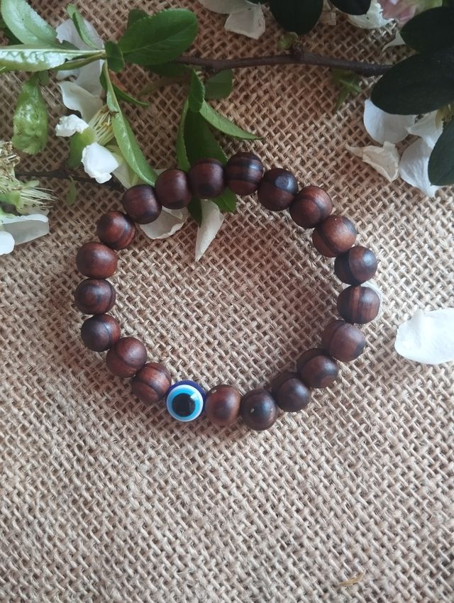 Pulsera Elástica de Madera con Ojo Turco Protector
