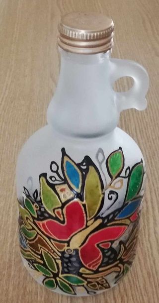 Bottiglia vetro (vuota) dipinta e decorata a mano