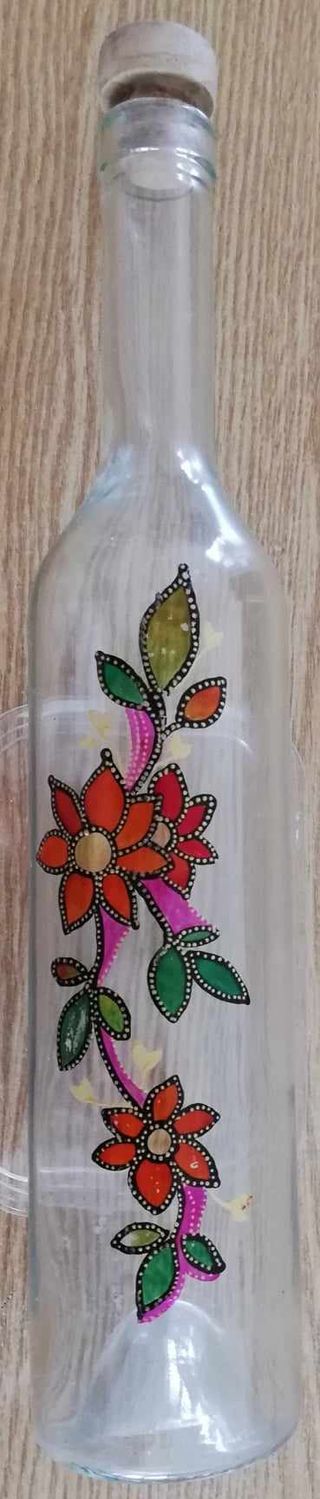 Bottiglia vetro (vuota) dipinta e decorata a mano