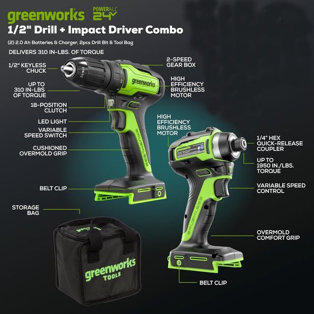 Kit Taladro + Impacto Greenworks 24V Brushless