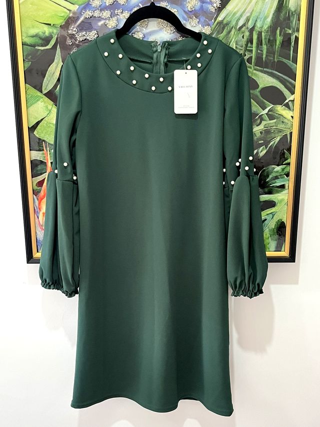 Vestido verde oscuro Fiesta perlas NUEVO