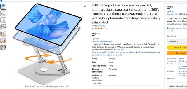 Soporte ordenador portátil, altura ajustable, 360