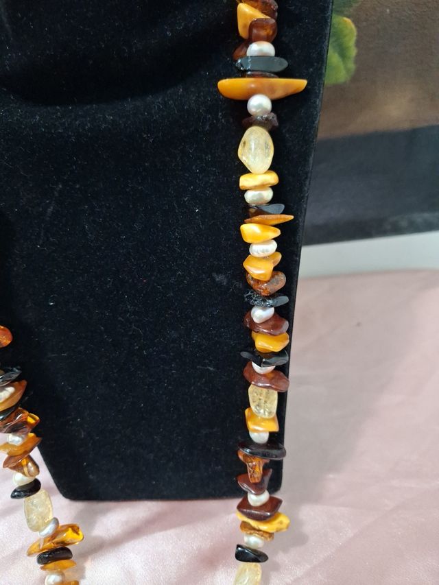 Collana in vera ambra e perle lunga cm80.