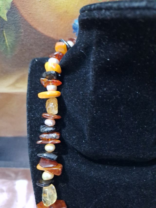 Collana in vera ambra e perle lunga cm80.