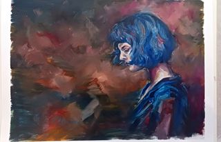 Cuadro al oleo "muchacha de pelo azul"