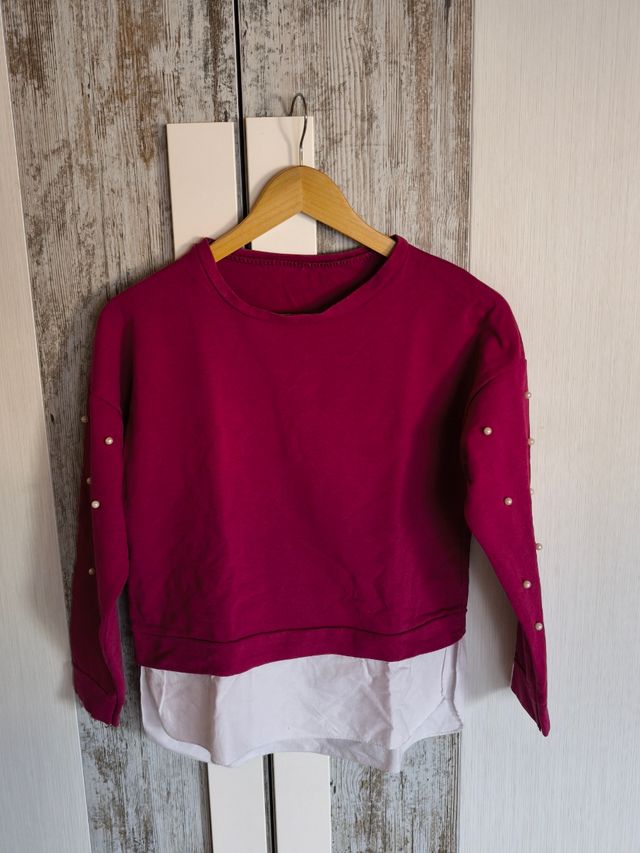 Top sudadera camisa con perlas burdeos-rosa.TallaU