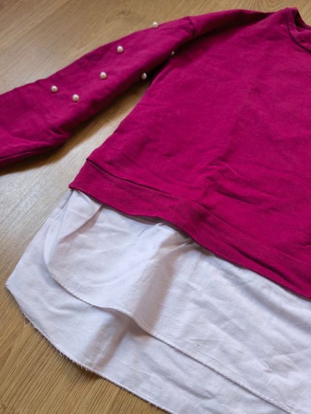Top sudadera camisa con perlas burdeos-rosa.TallaU