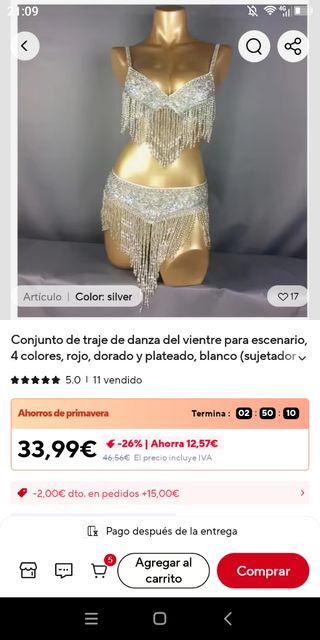 Top y falda danza del vientre plateado