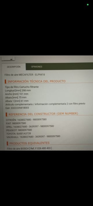 Filtro Aire Epa Mecafilter ELP9418