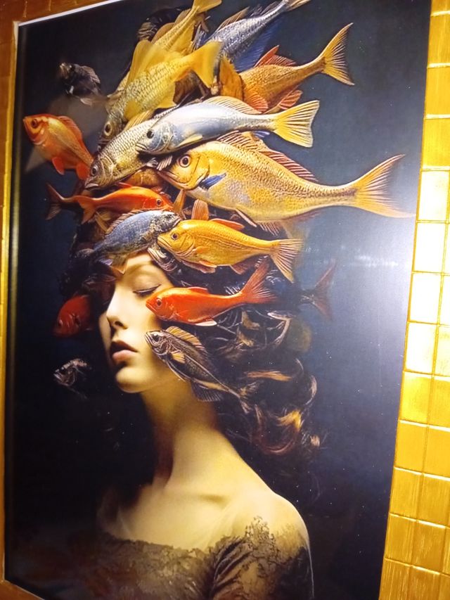 Quadro dorato donna con pesce