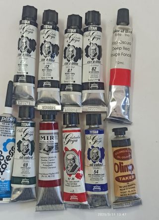 Lote de 11 pinturas al oleo y 2 pasta relieve