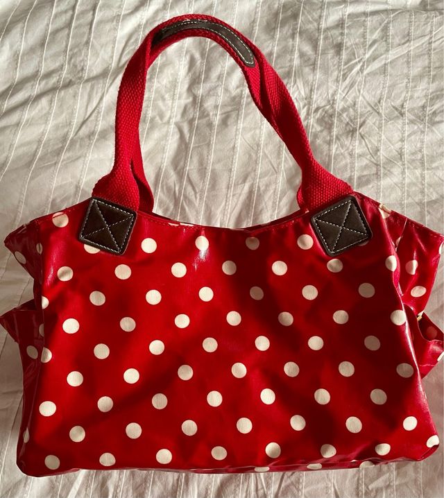 Mala tecido plastificado. vermelho com bolas bran