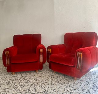 Dos Sillones Rojos de Terciopelo Antiguos Vintage