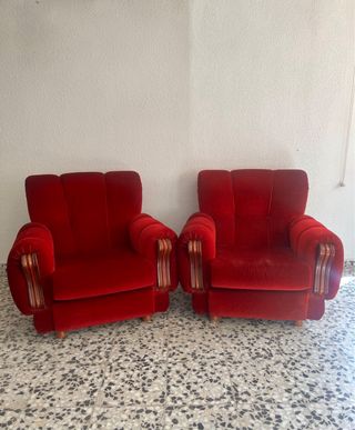 Dos Sillones Rojos de Terciopelo Antiguos Vintage