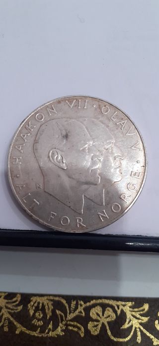 Moneda de plata noruega de 25 coronas año 1970