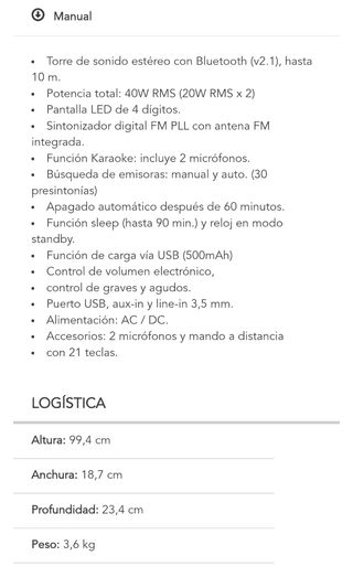 Altavoz Torre de sonido karaoke Sunstech STBTK150