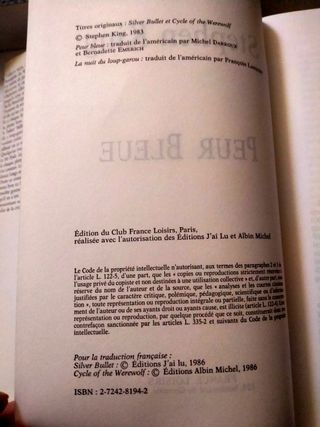 STEPHEN KING. PEUR BLEUE. MIEDO AZUL. FRANCES 1986