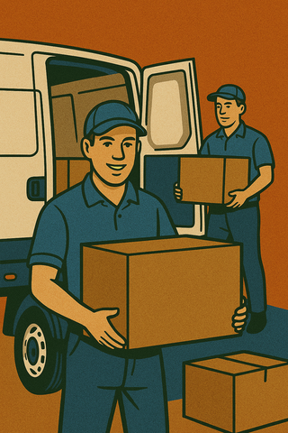 Repartidor con furgoneta y ayudante