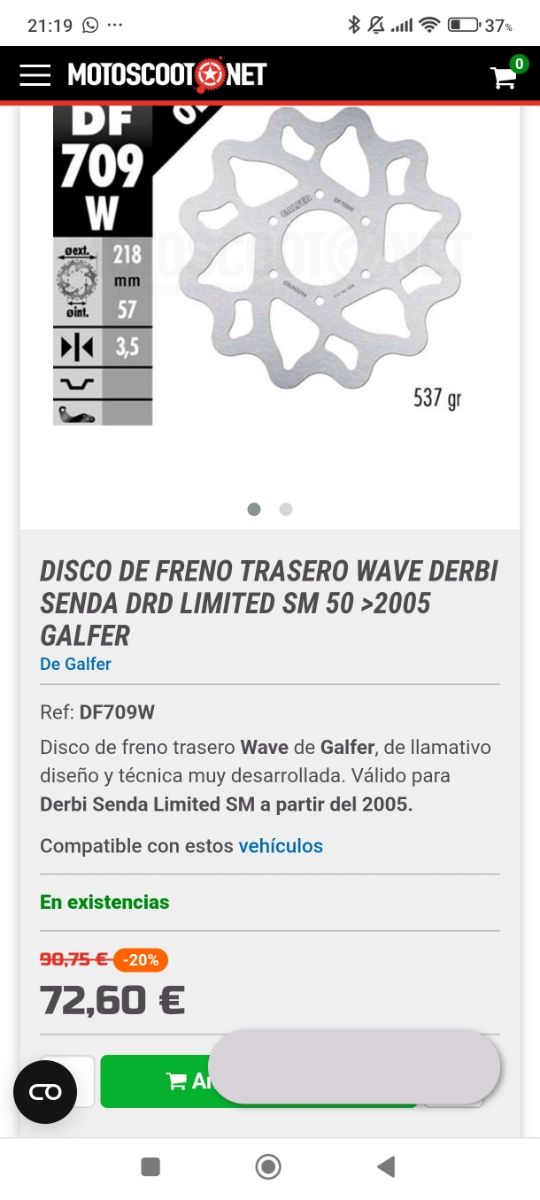 Disco freno trasero derbi drd