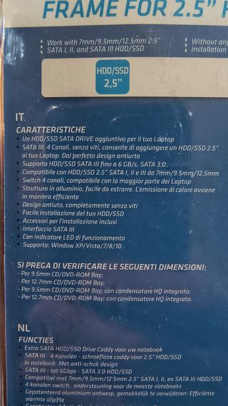 FRAME PER SSD/HD 2,5" PER VANO CD/DVD DI NOTEBOOK