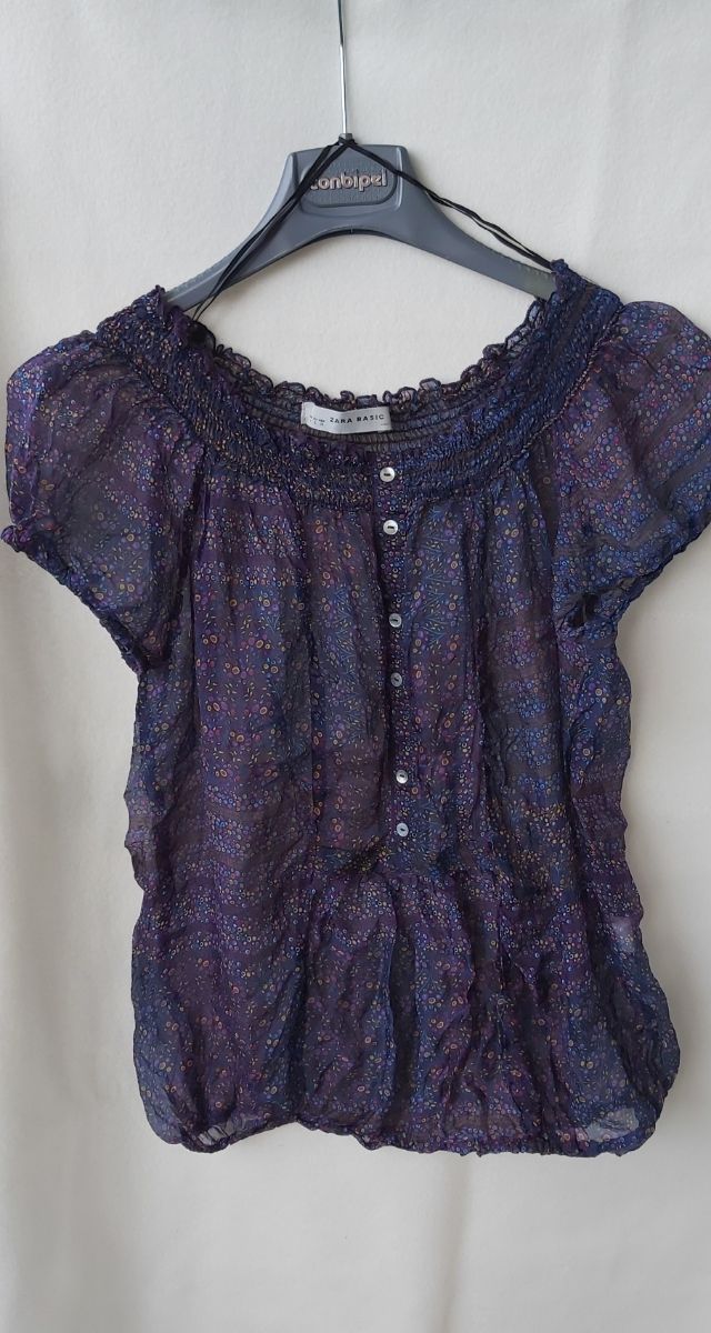 Blusa pura seta Zara, blu, multicolore