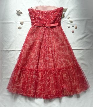 Vestido palabra de honor BCBG ceremonia rojo y ros