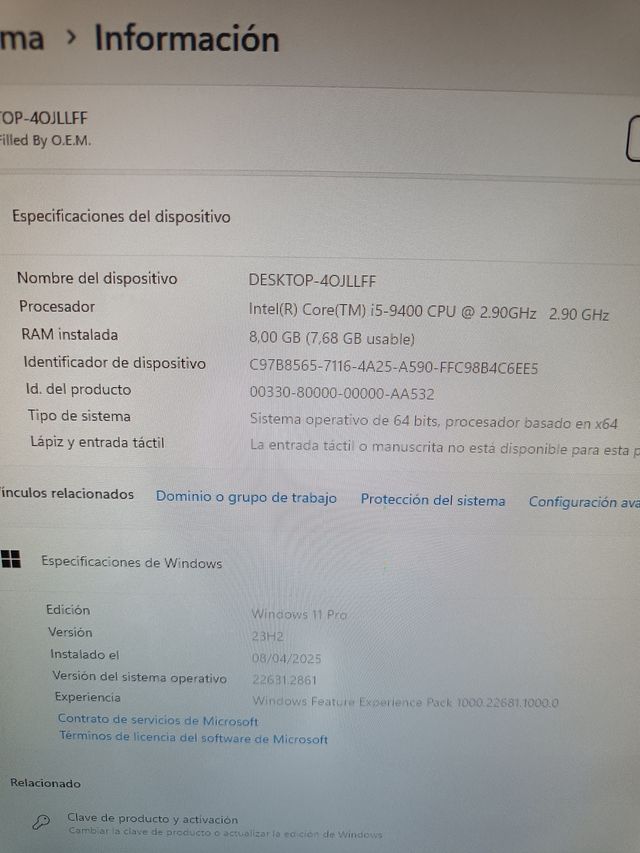 Pc i5-9400 2,90hrz 8 GB RAM SSD 240GB HDMI