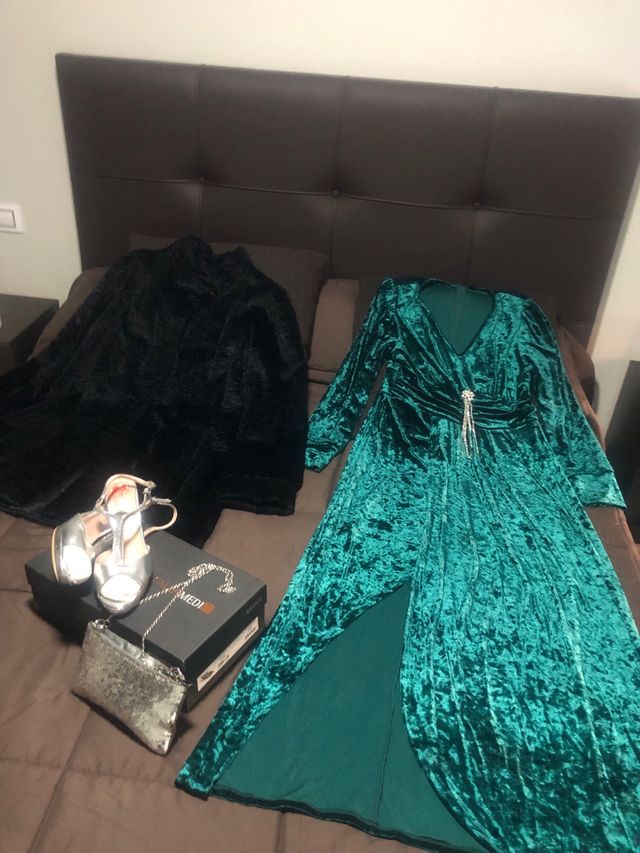 Vestido fiesta zapatos chaquetón y bolso