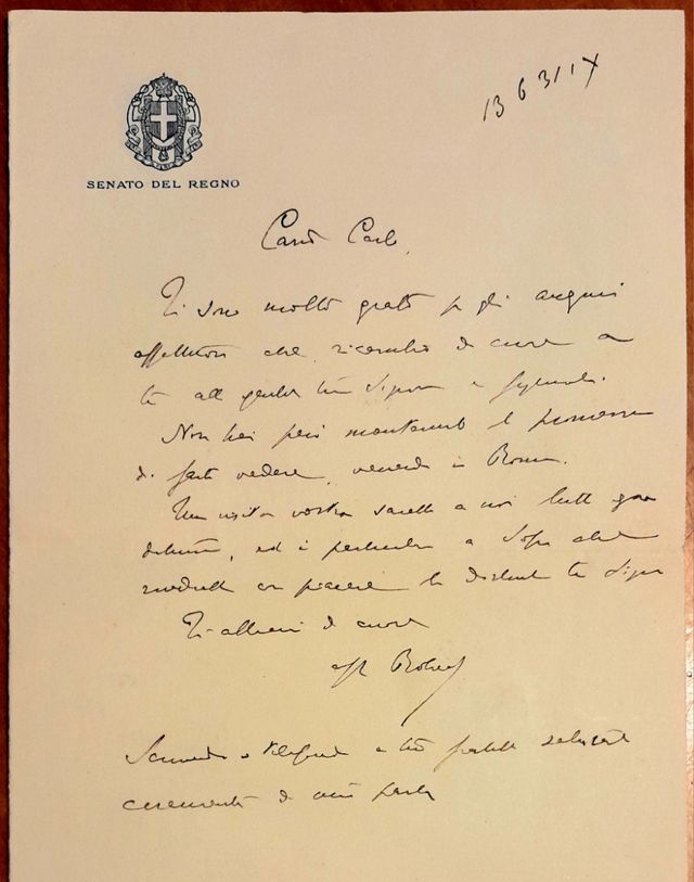 Autografo: lettera del senatore Francesco De Vito