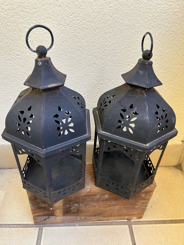 Par de Faroles portavelas hexagonal metalico