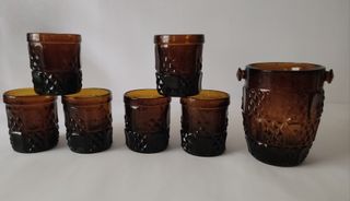 ANTIGUA HIELERA Y 6 VASOS CRISTAL ÁMBAR