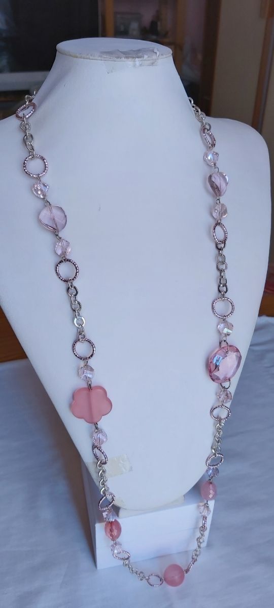 Collana con resine e cristalli, rosa, argento