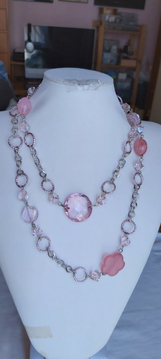 Collana con resine e cristalli, rosa, argento