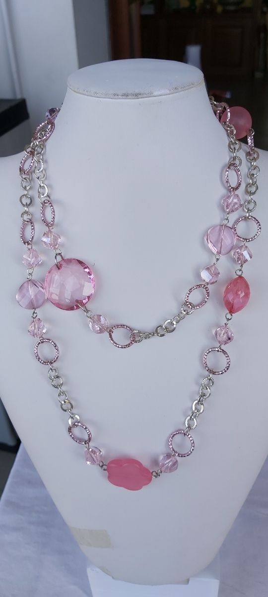 Collana con resine e cristalli, rosa, argento