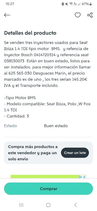 Inyectores bomba 1.4 tdi AMF/ BMS 3 unidades
