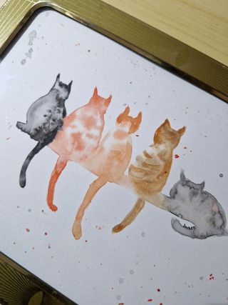 Acuarela original Gatos con marco Vintage