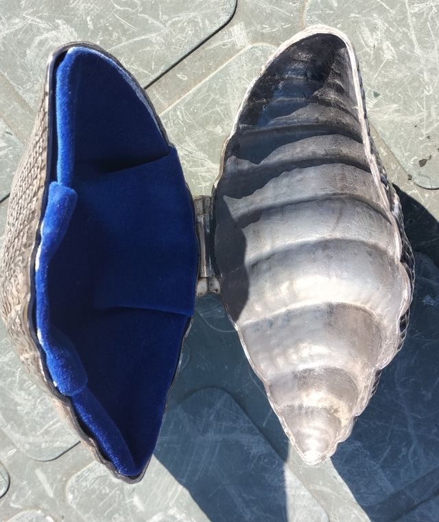 conchiglia in bronzo e portagioie in velluto