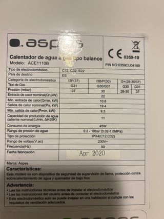 CALENTADOR DE GAS ASPES ACE1110B