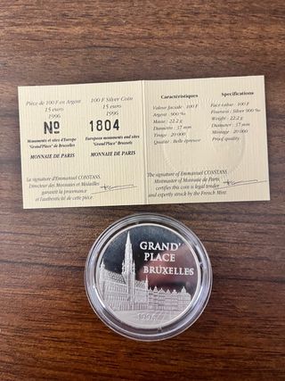 Moneda plata 925 15 ECUS Grand Place de Brusellas 