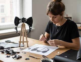 Tocado Artesanal Orejas Ratona Flores Negras/Plata