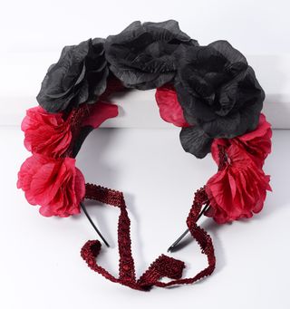 Tocado flores rojas y negras con cordon