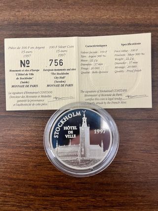 Moneda plata 925 15 ECUS Hotel de Ville Estocolmo