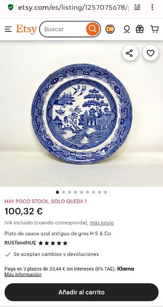 Plato Hondo Blue Willow Sasai Japón Vintage
