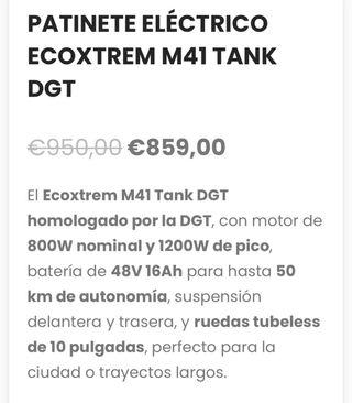 Patinete Eléctrico Modelo TANK NUEVO M41 1200Ww
